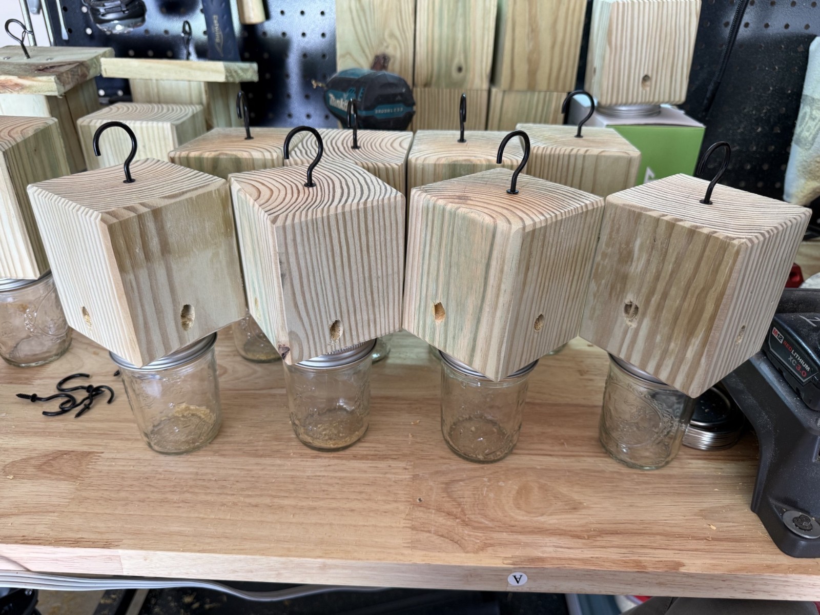 Set Of 2 Handmade Soft Pine Carpenter Bee Traps W/ Jars & Hooks – Works Great!!!