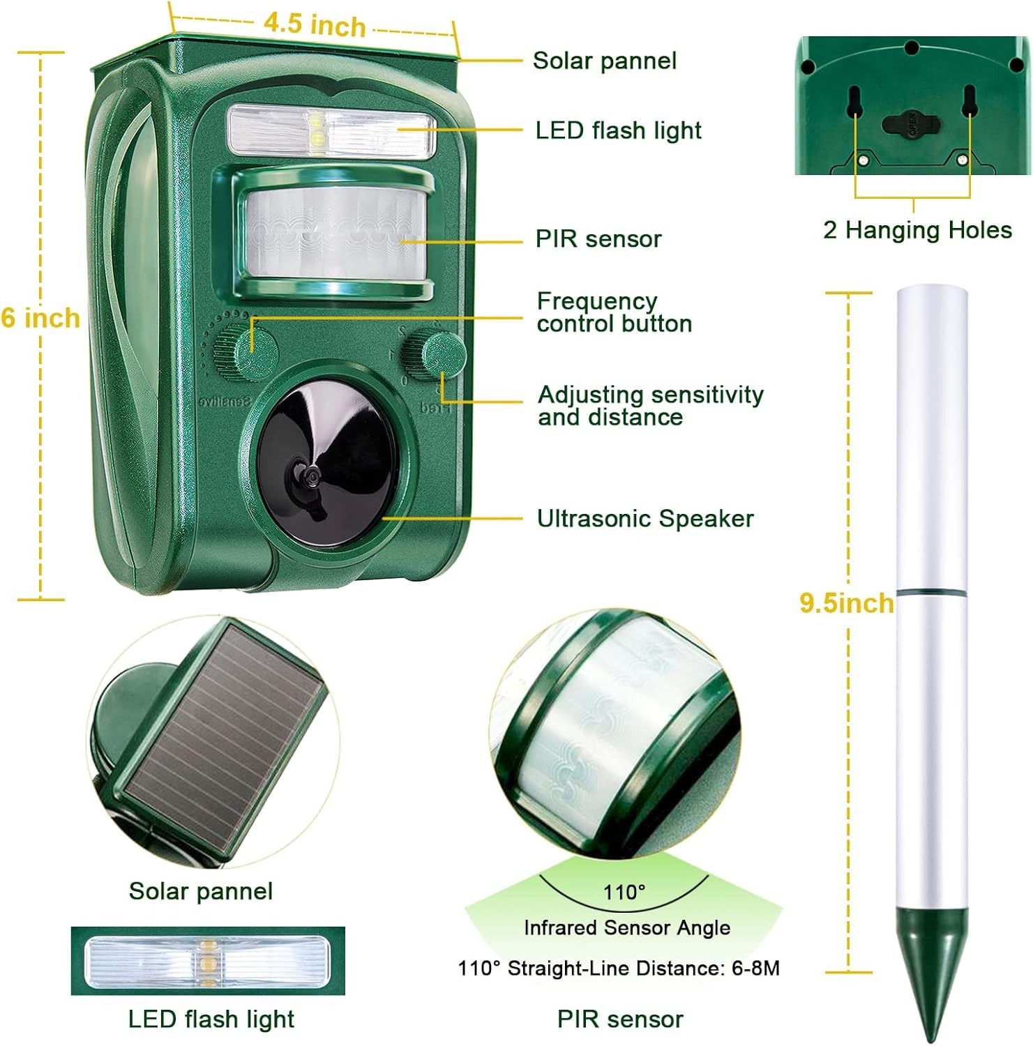 Solar Power Ultrasonic Animal Repeller Waterproof Pest Deterrent for Outdoor Use