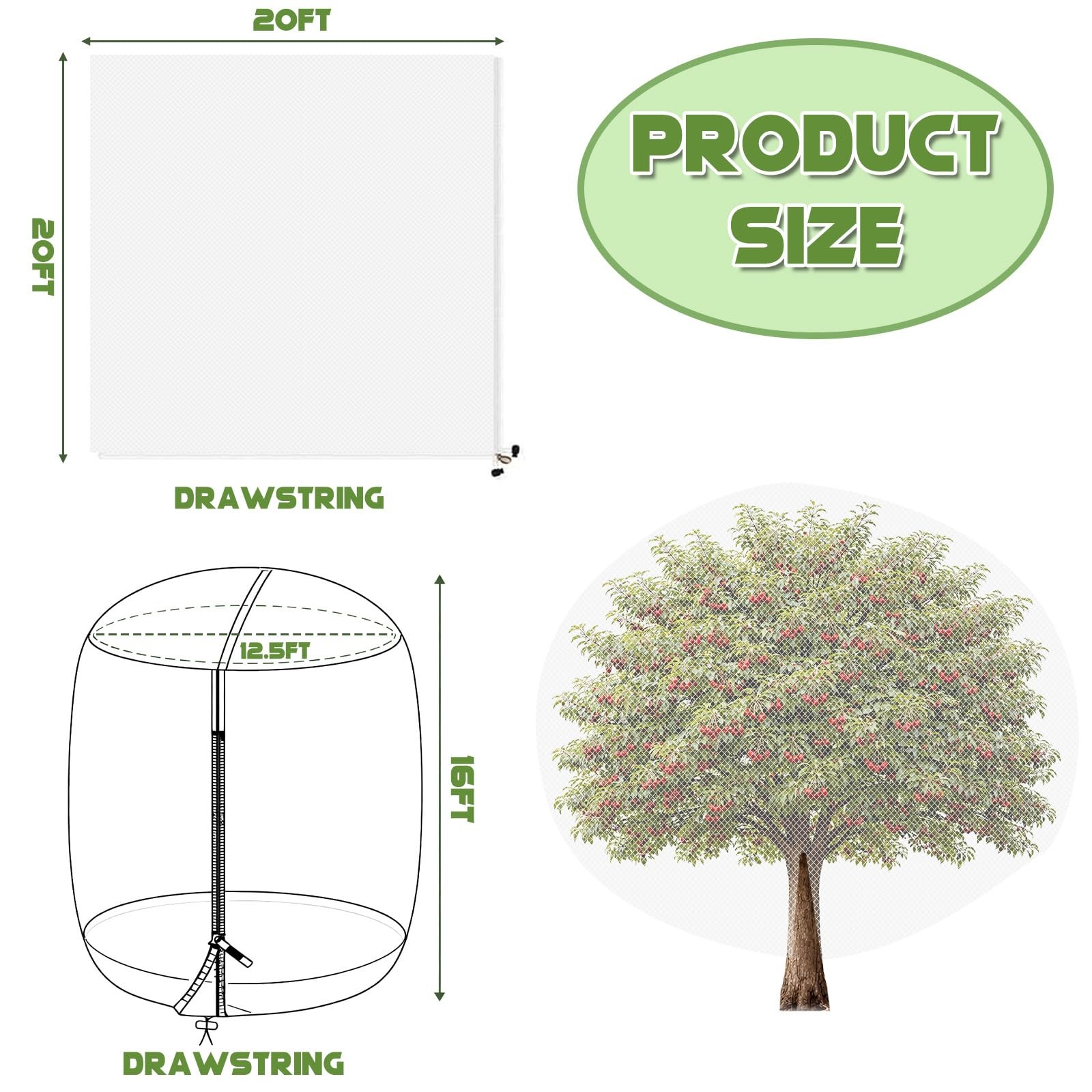 1Pcs 20ft x 20ft Extra Large Fruit Tree Netting Cover with Zipper and Drawstr…