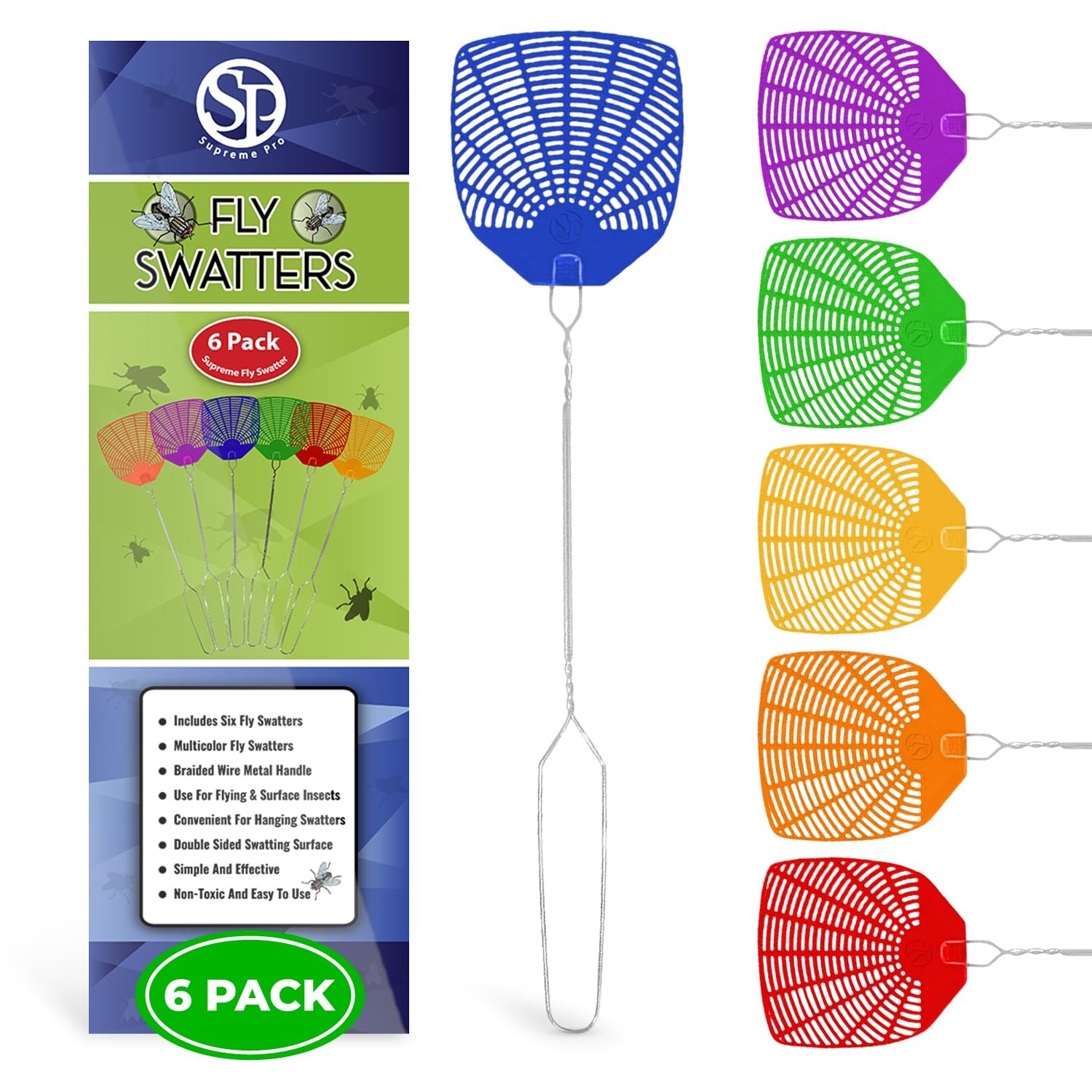 Supreme Bug & Fly Swatter 6-Pack – Braided Metal Handle 6 Pack Fly Swatters, …