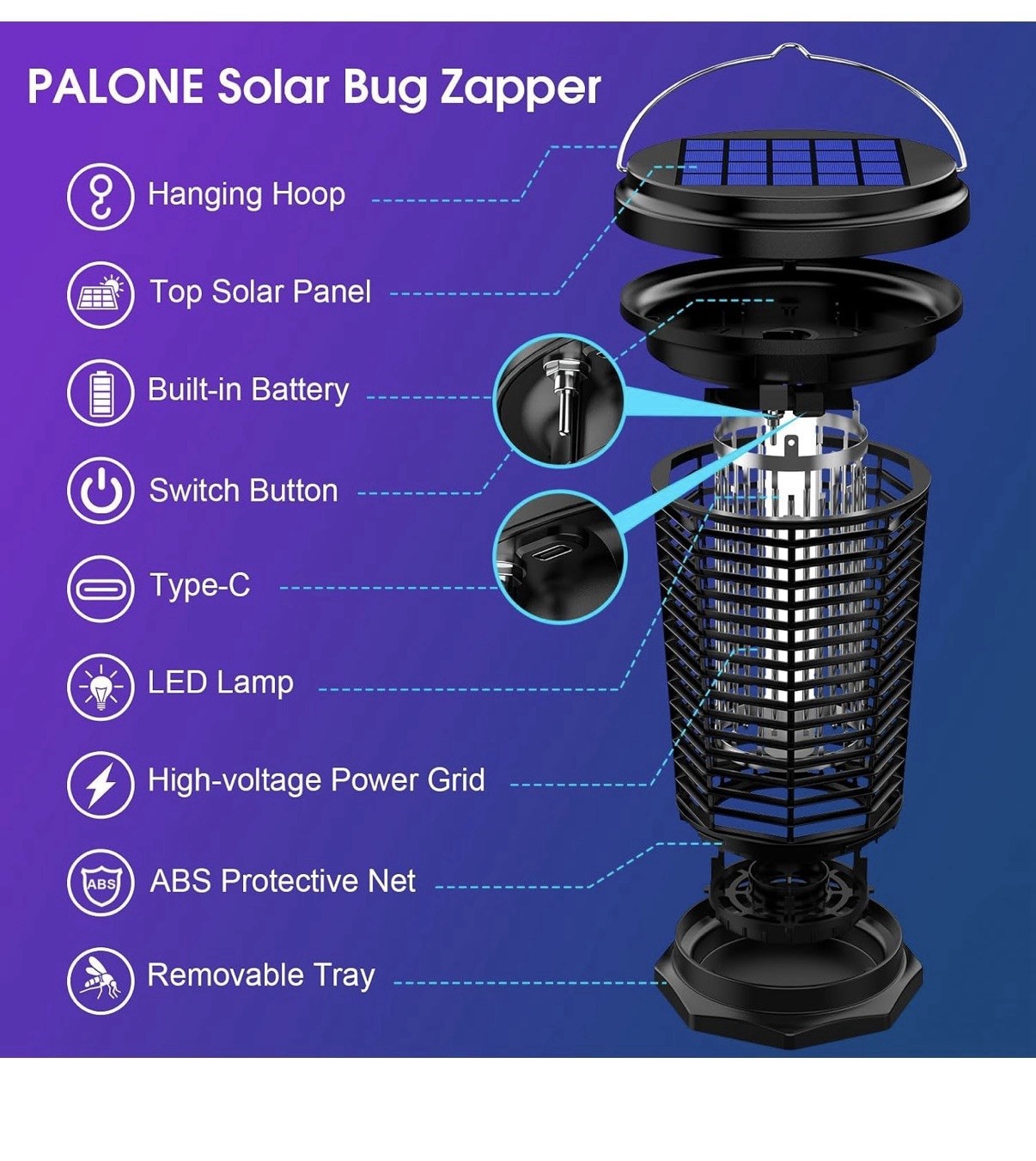 PALONE Solar Mosquito Bug Zapper Lantern LED Lamp, Built-in Battery, Hook
