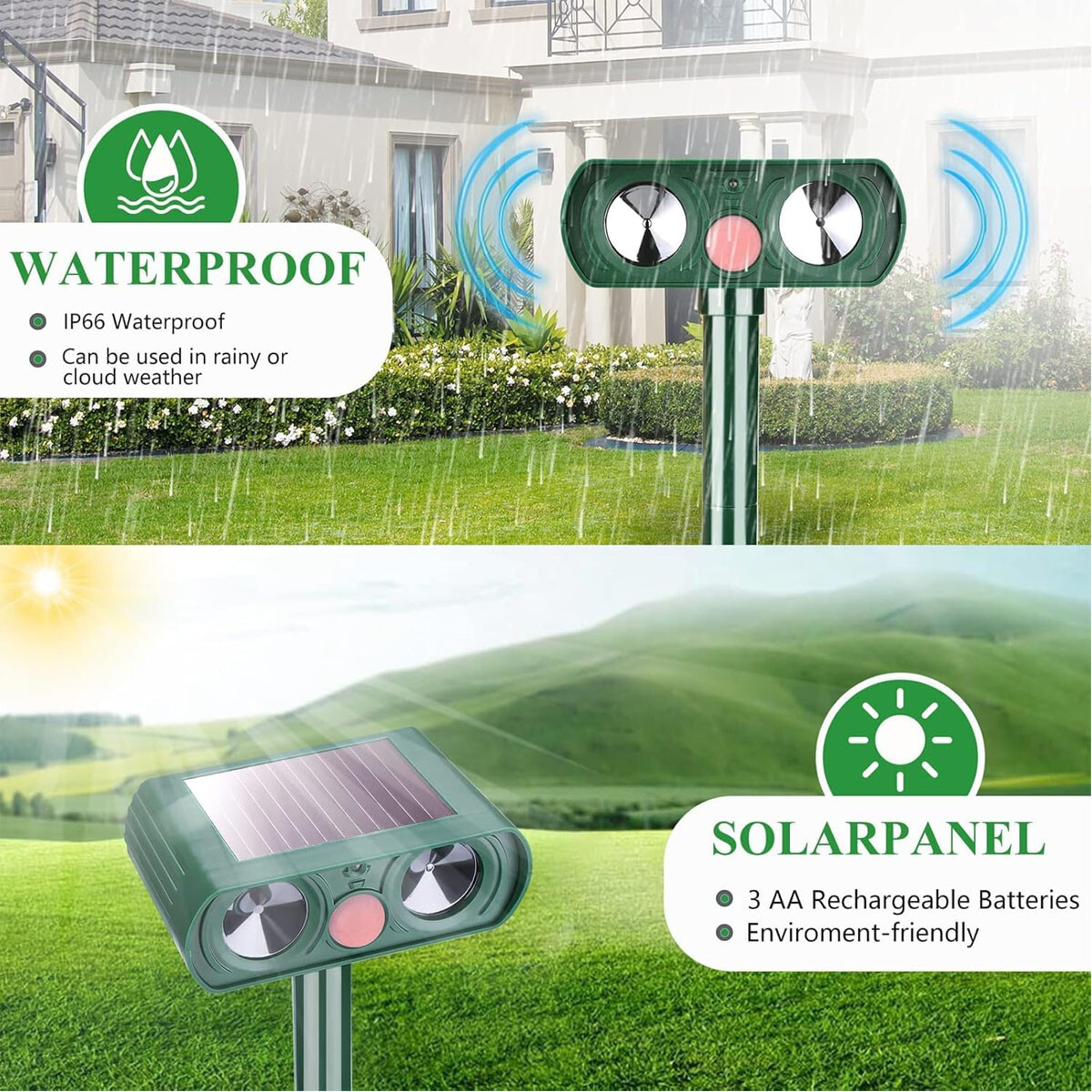 Outdoor Solar Animal Repeller Ultrasonic Pest Repellent for Dogs, Cats Squirrels