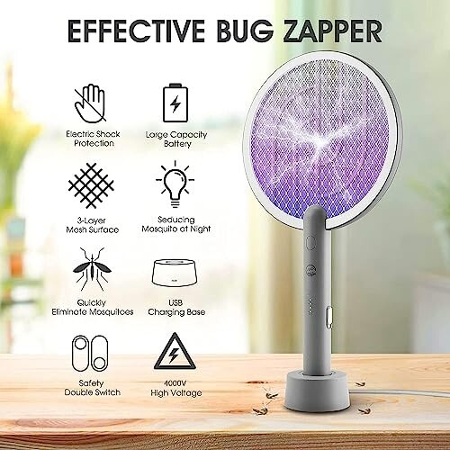 Electric Fly Swatter Racket 2 Pack, Mosiller 2 in 1 Bug Zapper with Auger USB Re