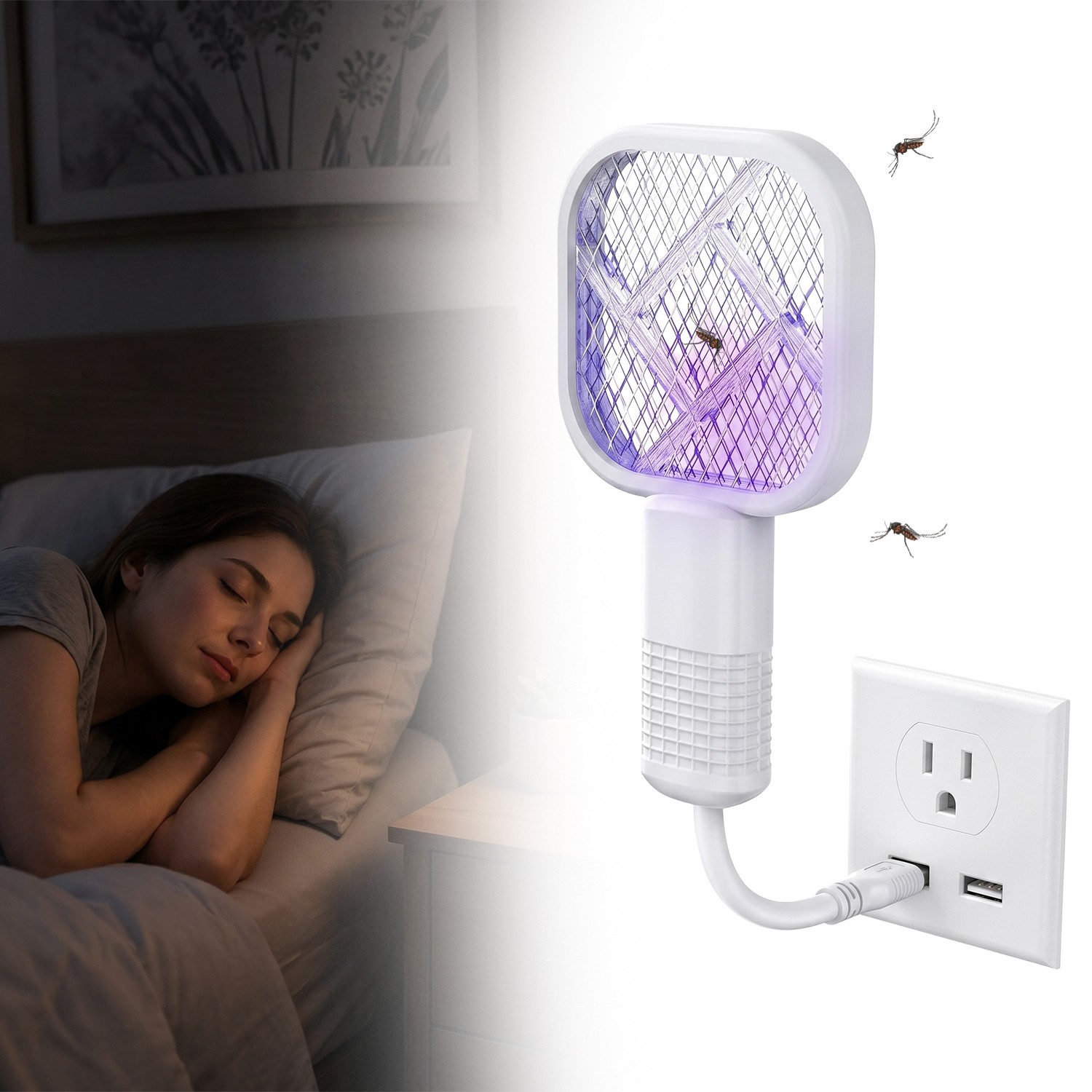 Electric Fly Swatter Racket, 2 in 1 Electric Bug Zapper USB Rechargeable (White)