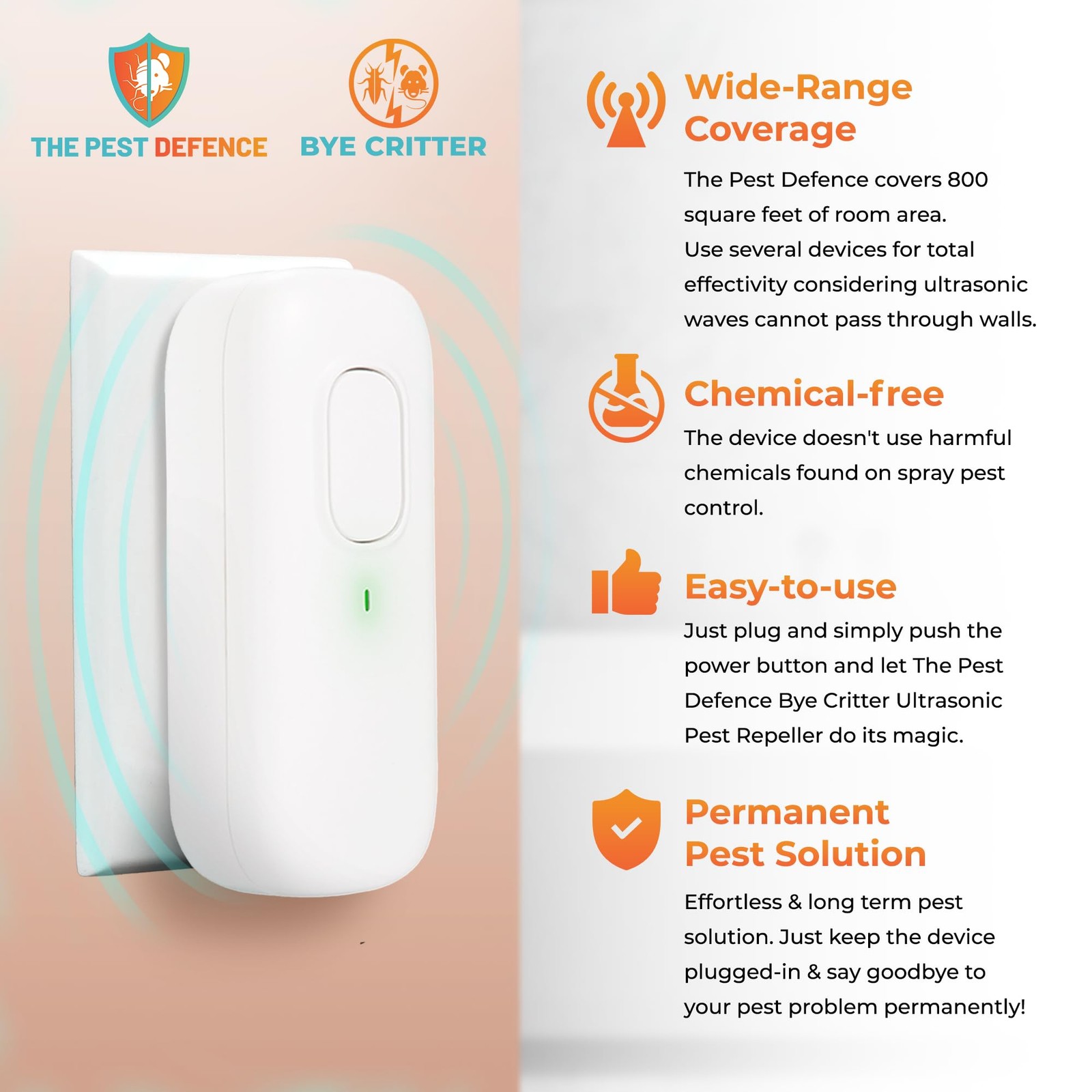 Pest Defence Ultrasonic Pest Repeller, Bye Critter Ultrasonic Pest Repeller Plug