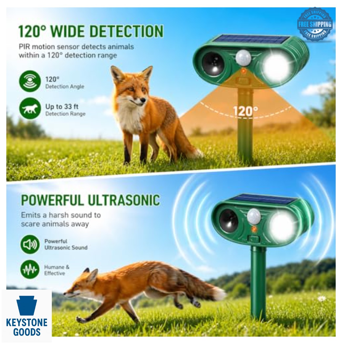 Solar Ultrasonic Animal Repeller 2 Pack Motion Sensor Waterproof LED Strobe Deer