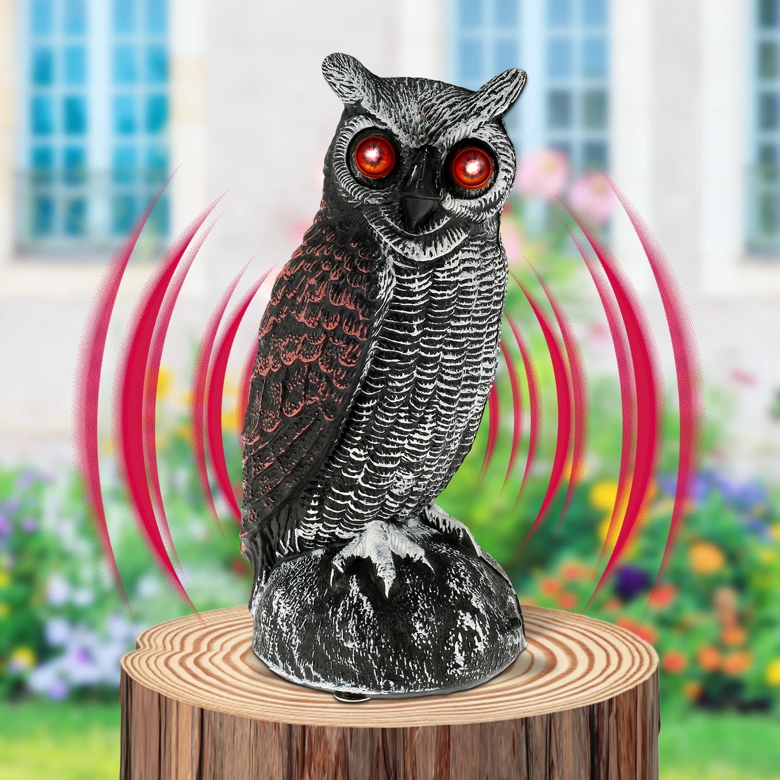 Solar Powered Fake Owl Decoy Scarecrow w/Flashing Eye & Sound For Garden Outdoor