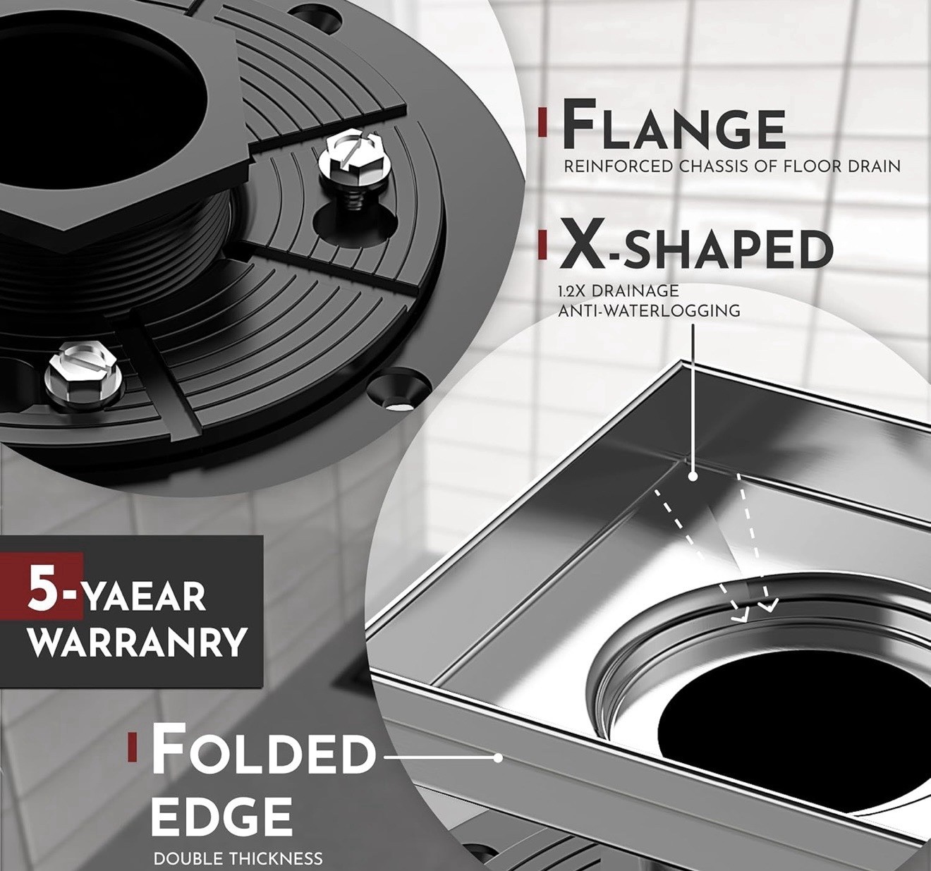 WEBANG 4 Inch Shower Square Drain Brushed Floor Drain with Flange Reversible