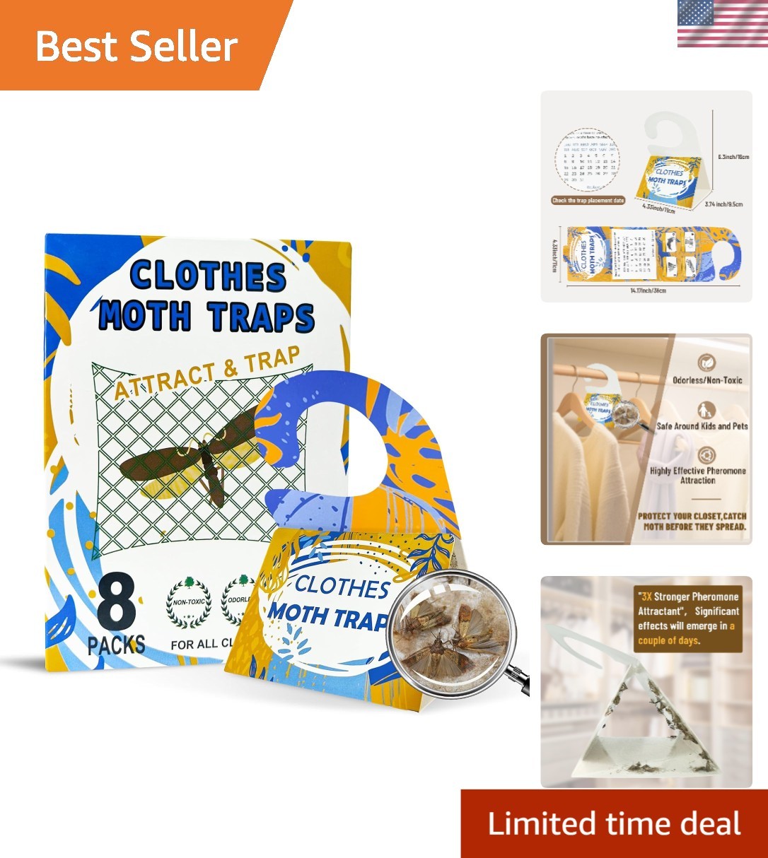 8 Pack Non-Toxic Clothing Moth Traps with Pheromone Attractant, Easy Use
