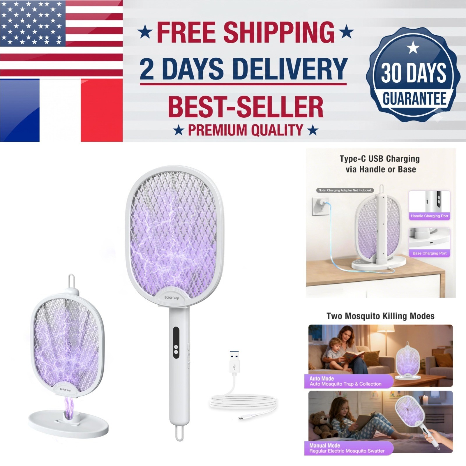 BALDR Electric Fly Swatter Racket 3000V Bug Zapper Indoor Outdoor