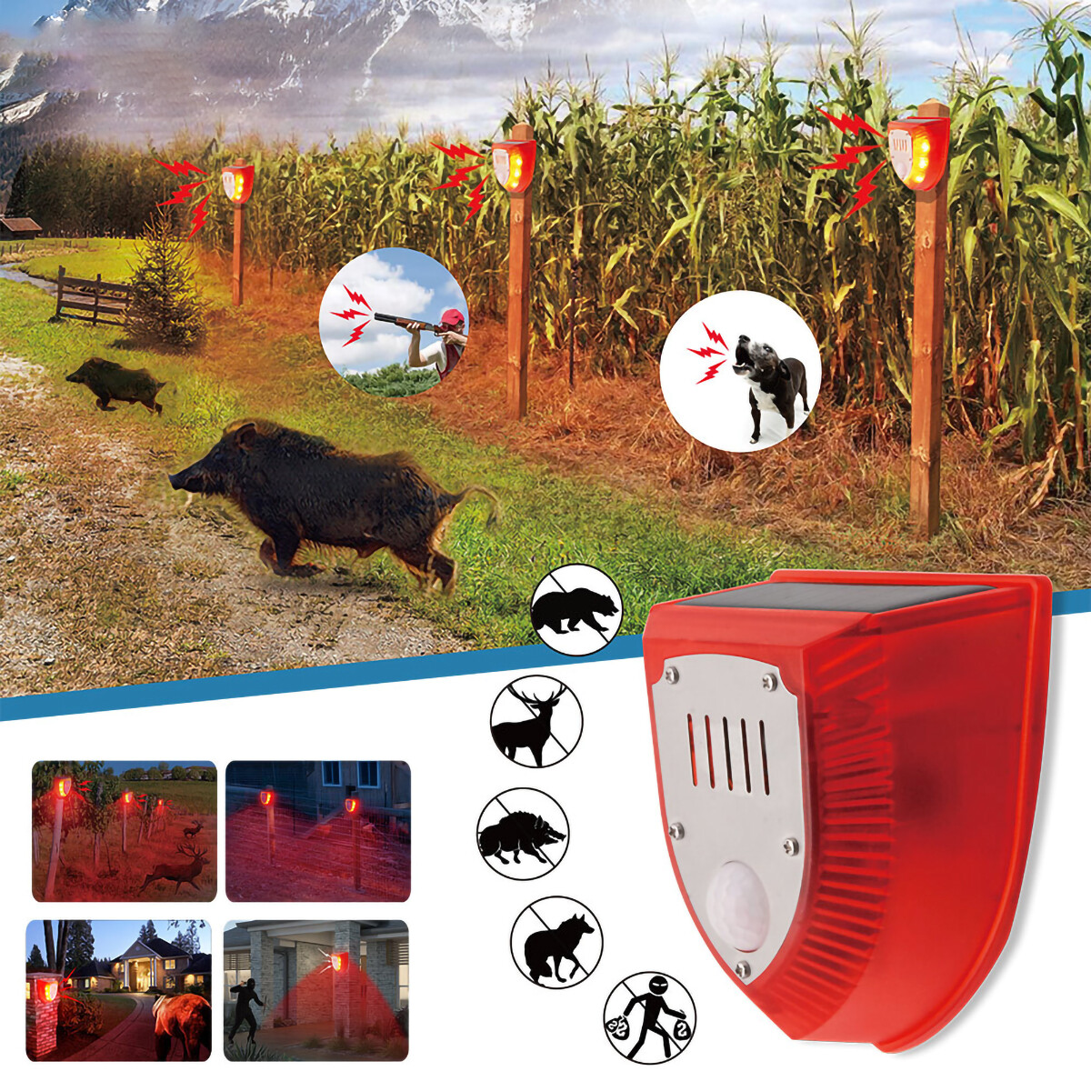 Solar Power Motion Sensor Sound Light Alarm Dog Barking Gunshots Repeller Garden