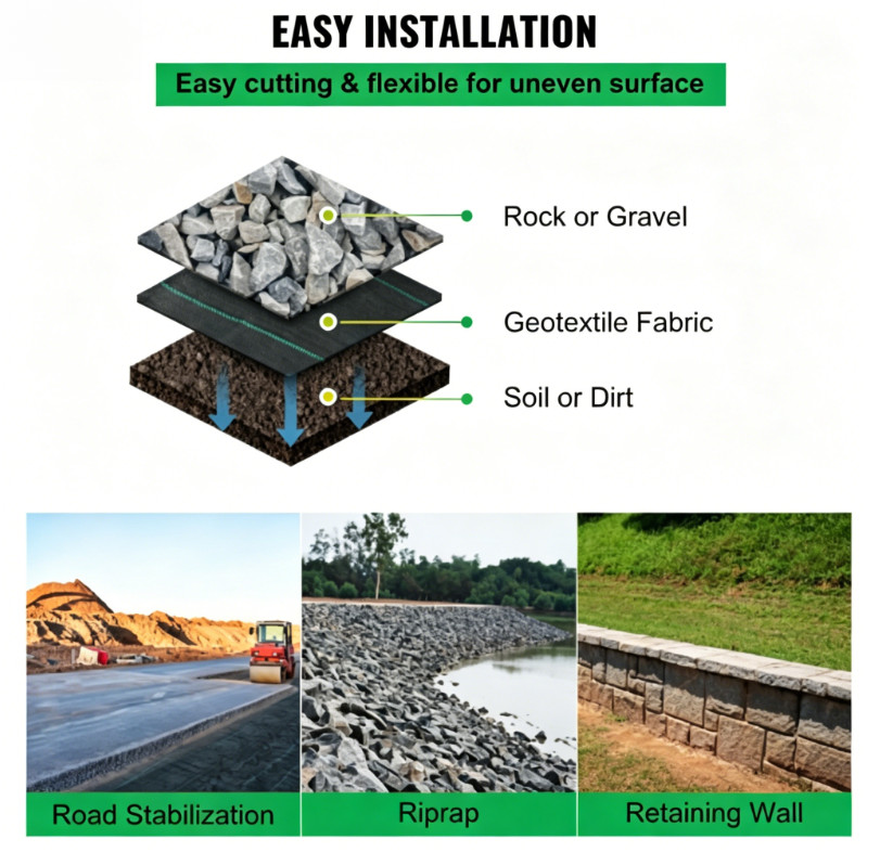 12.5x50FT Woven Geotextile Fabric 3.5oz Heavy Duty Weed Barrier Black