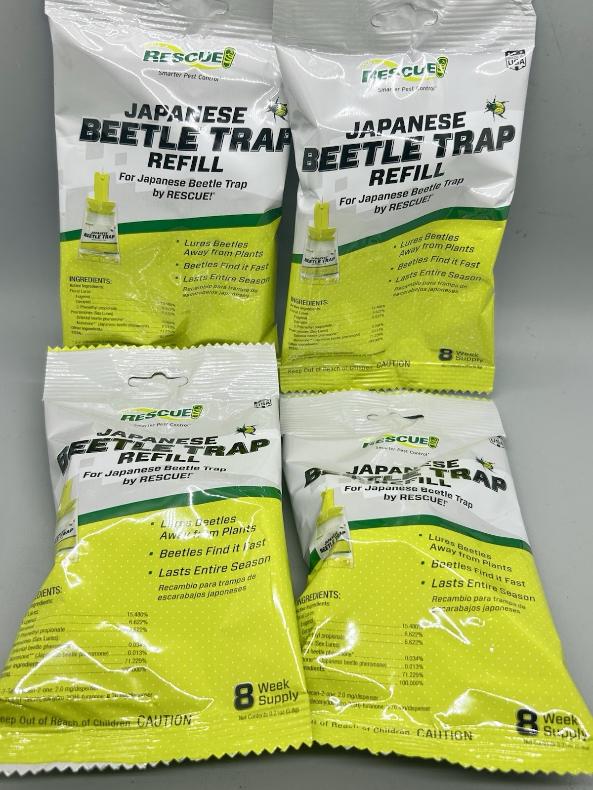 4 Packs ~ Japanese Beetle Traps Refill Lure 8-week season long, RESCUE! Lot