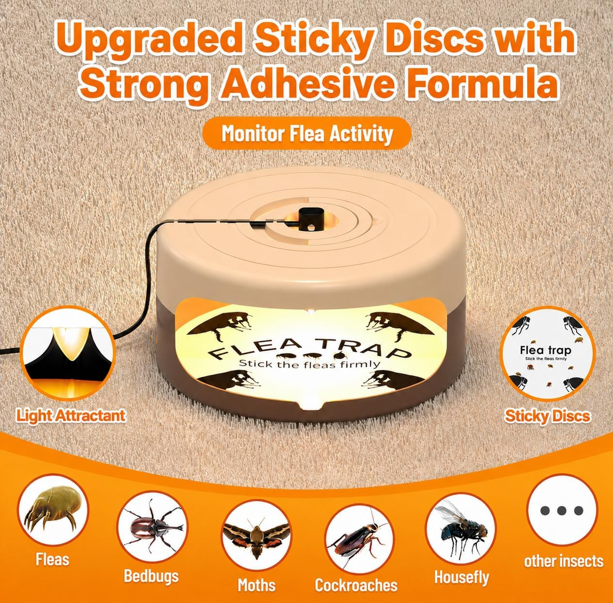 2 Pack Flea Traps for inside Your Home, Indoor Flea Light Trap with 8 Sticky Pad