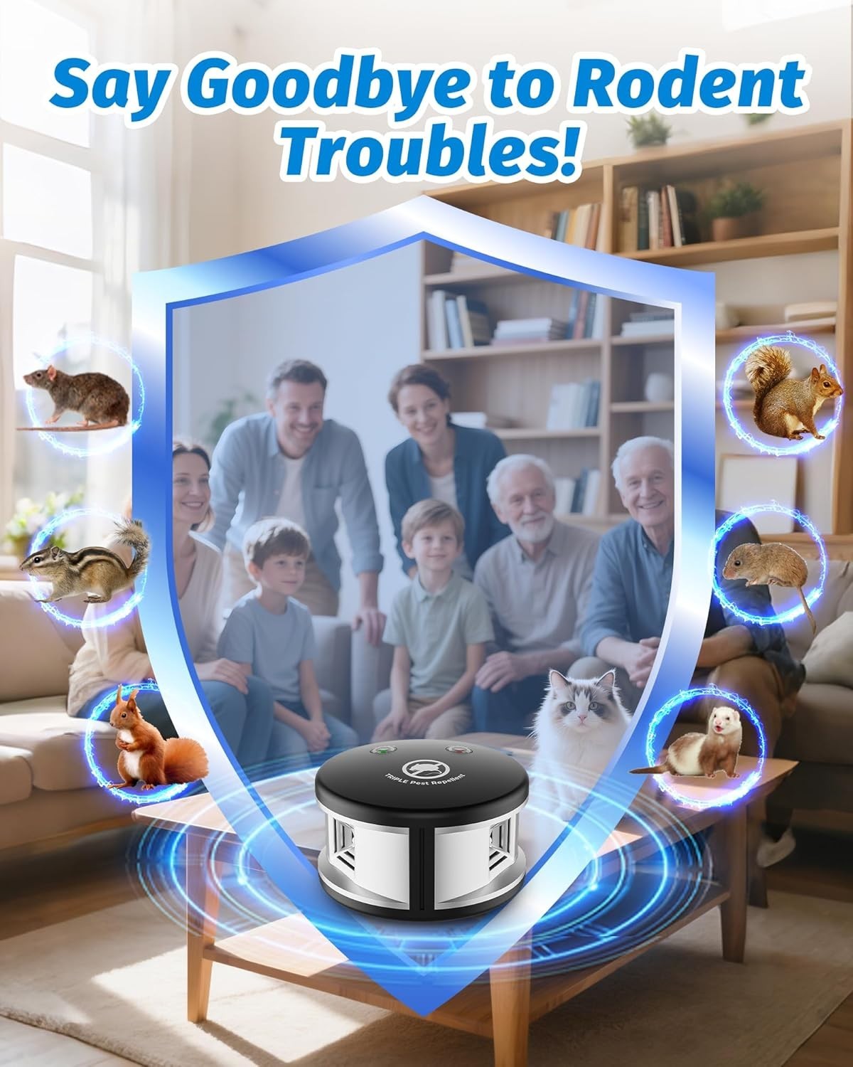 Ultrasonic Rodent Repellent Plug-in, 360° Mice & Squirrel Deterrent, high-impact