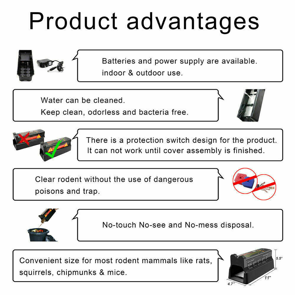 Upgraded Electronic Mouse Trap Control Kill Big Rat Pest Electric Rodent Zapper