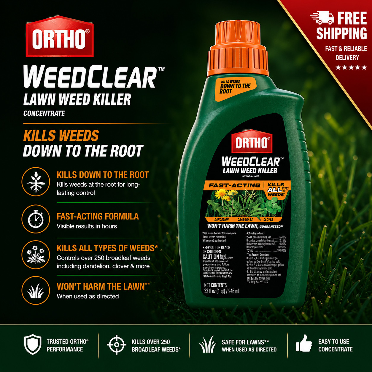 Ortho WeedClear Lawn Weed Killer Concentrate, Kills Crabgrass and Dandelion, 32