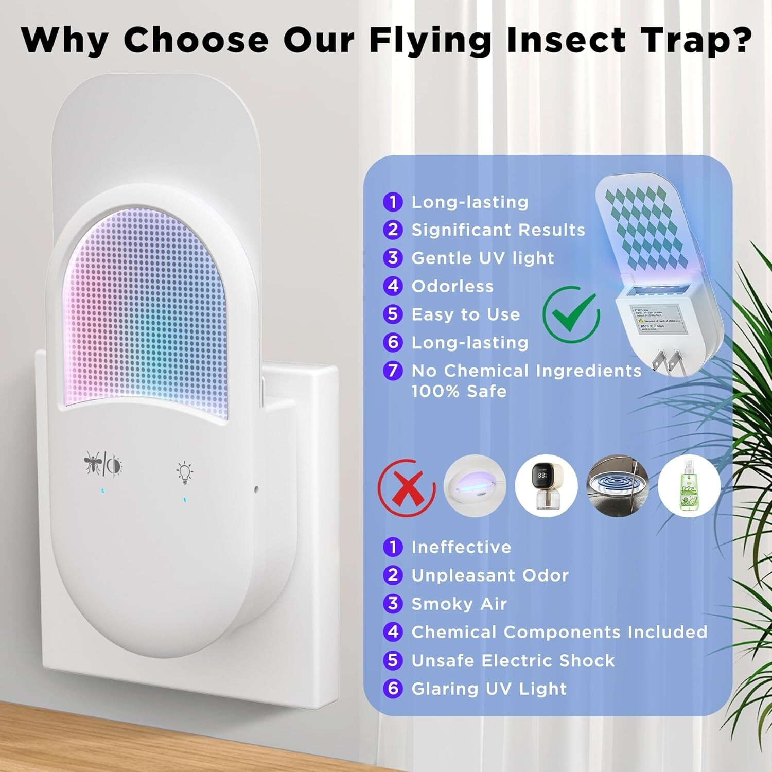 Fly Trap Indoor Plug-in 2-in-1 Flying Insect Trap 7pcs Fly Trap Refill, Indoors