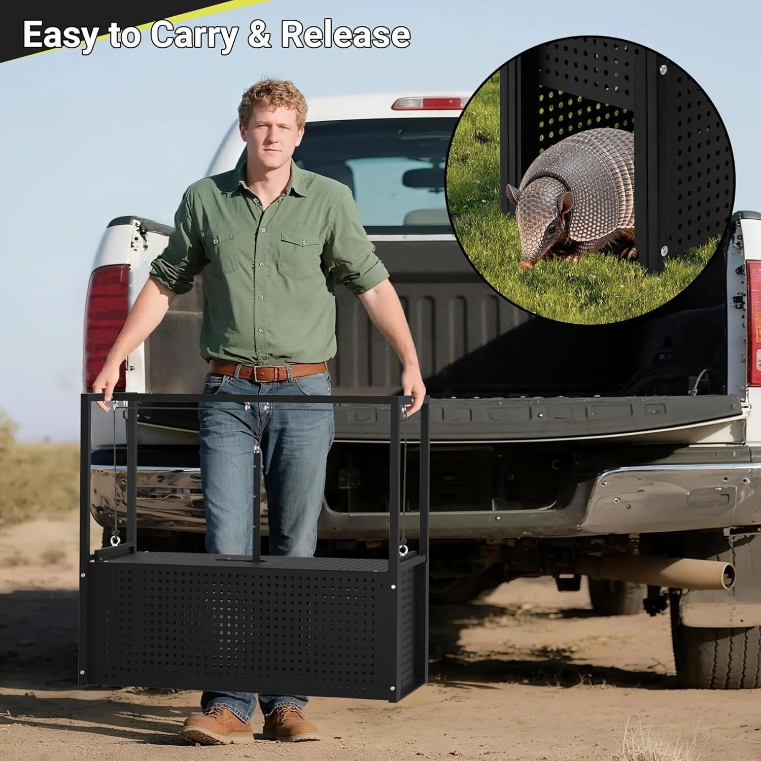 32’’ Armadillo Trap, Heavy Duty Steel Live Animal Trap, Humane Catch & Release f
