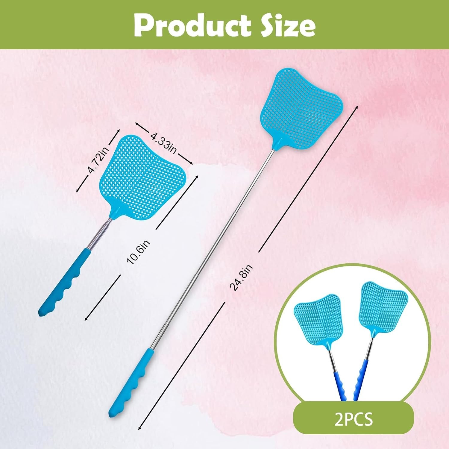Heavy Duty Fly Swatter Set 2Pcs Blue Telescopic Stainless Steel Handles Indoor