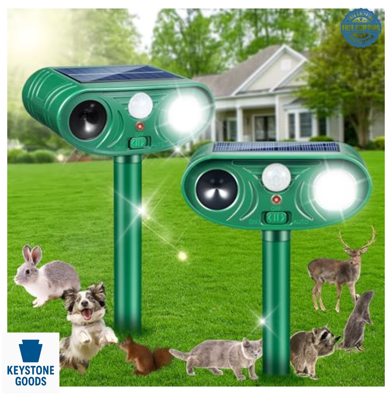 Solar Ultrasonic Animal Repeller 2 Pack Motion Sensor Waterproof LED Strobe Deer