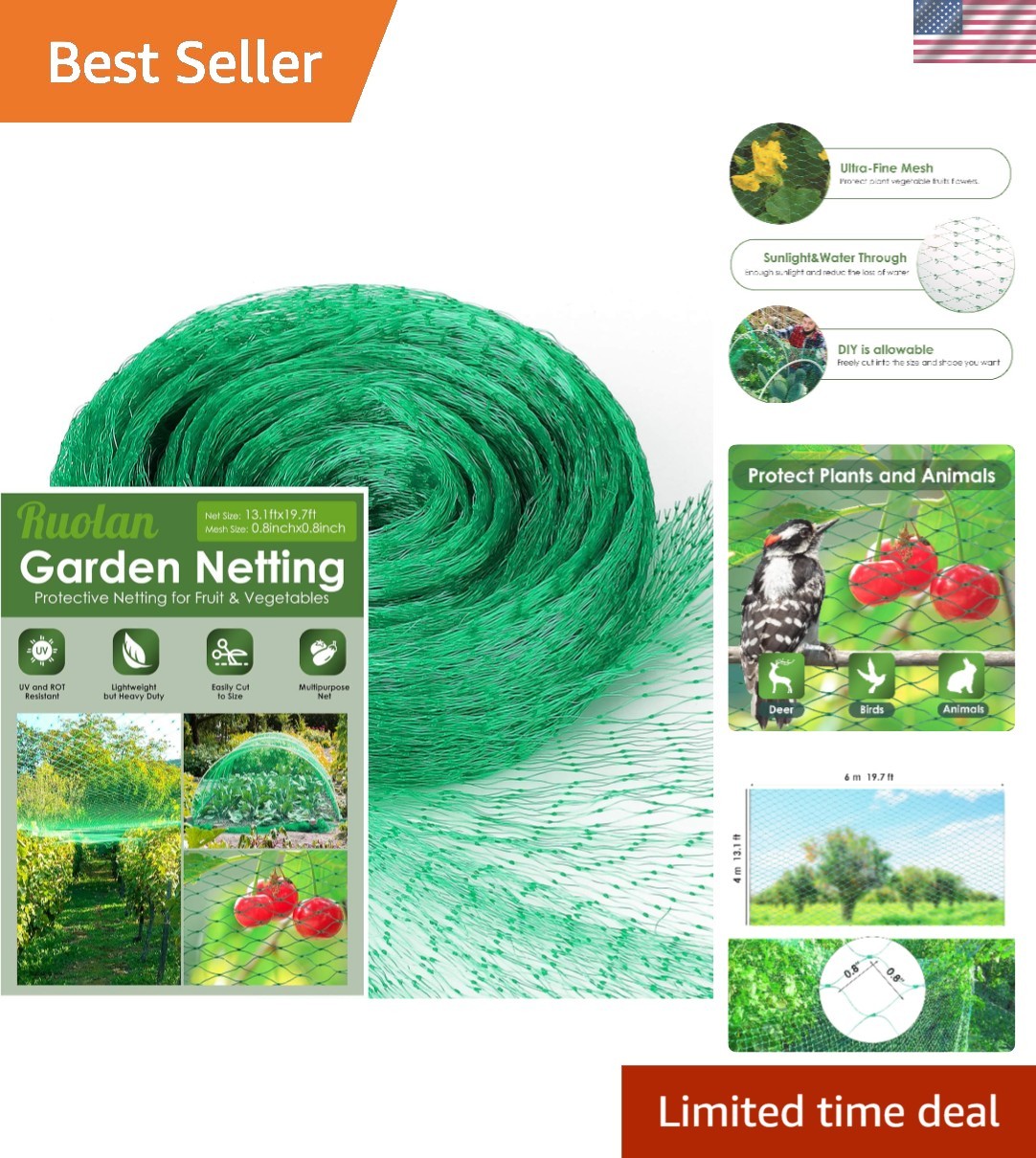 Reusable 13x20ft Polypropylene Bird Netting – Easy Installation for Gardeners