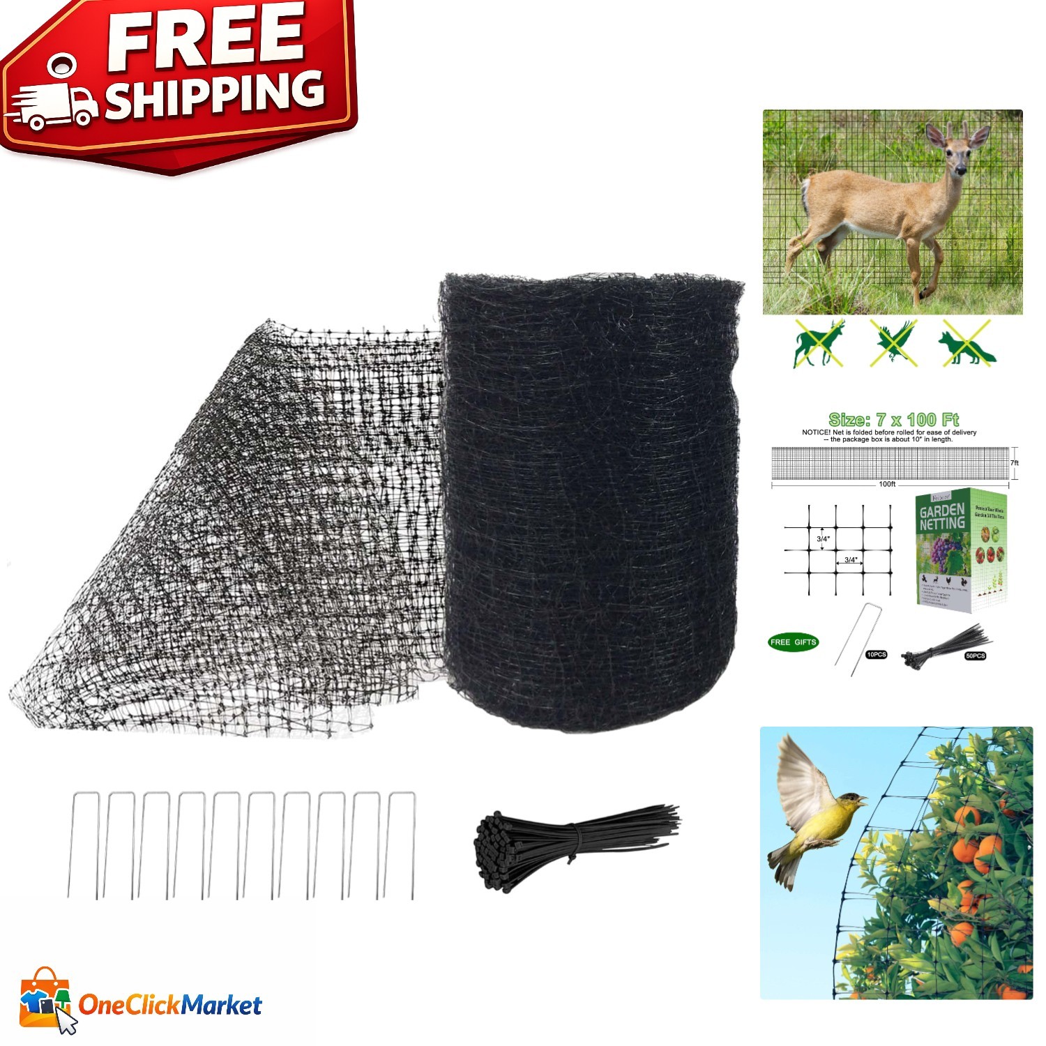 7x100ft Deer Fence Netting – Heavy Duty Polypropylene Garden Protection Net