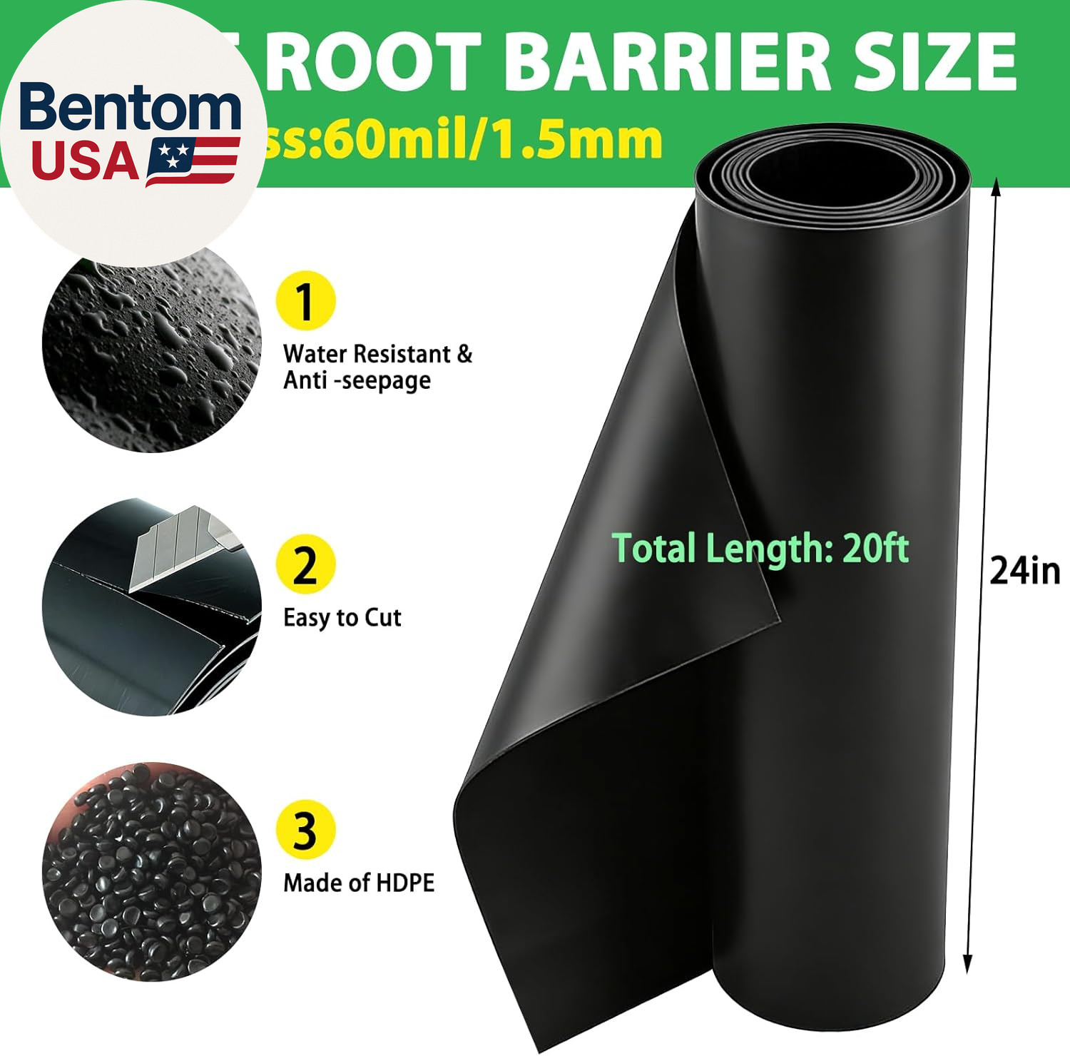 20Ft X 24In X 60Mil Tree Root Barrier, Heavy-Duty Bamboo Root Barrier Weed Block
