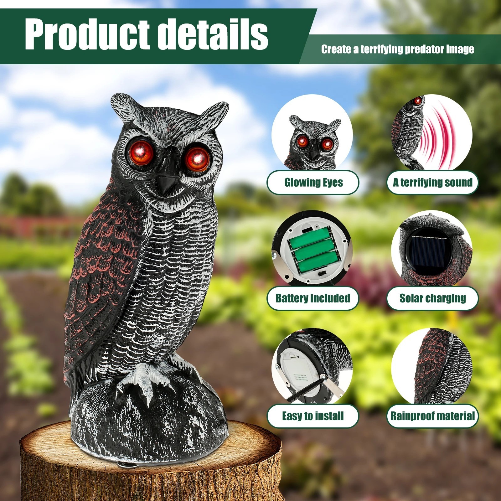Solar Powered Fake Owl Decoy Scarecrow w/Flashing Eye & Sound For Garden Outdoor