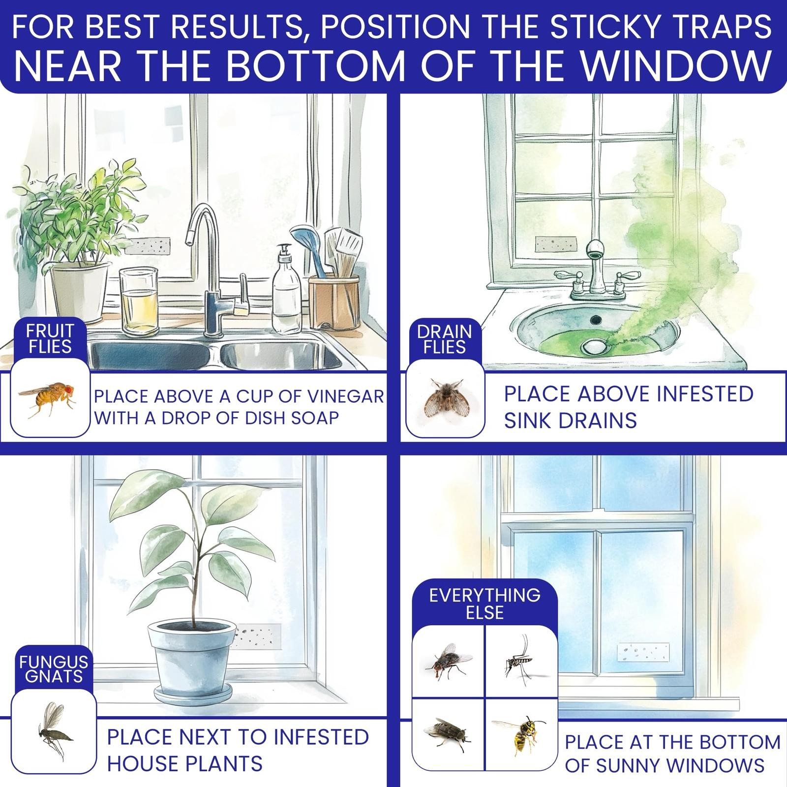 50 Pack Window Fly Traps Sticky Non-toxic Clear Fly Paper Indoor for Home&office