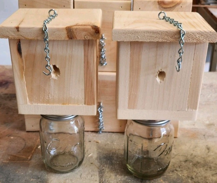 Set of 2 Carpenter Bee Traps Handmade Wood w/ Mason Jars Hanging Outdoor USA