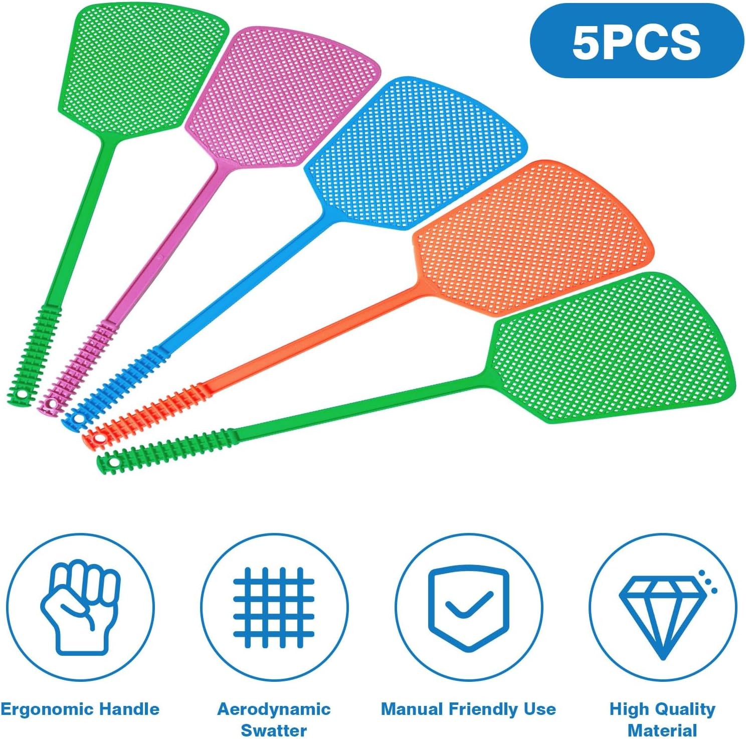 5 Pack Fly Swatter, Plastic Heavy Duty Manual Fly Killer, Long Handle