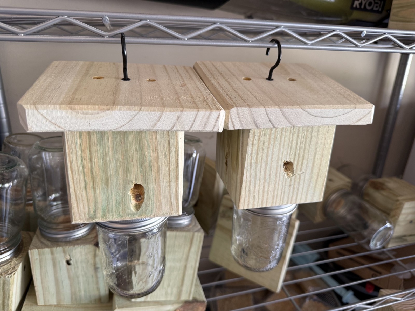 Handmade Set Of 2 Pine Carpenter Bee Traps w/ Jars and DClip Hook Free Shipping!