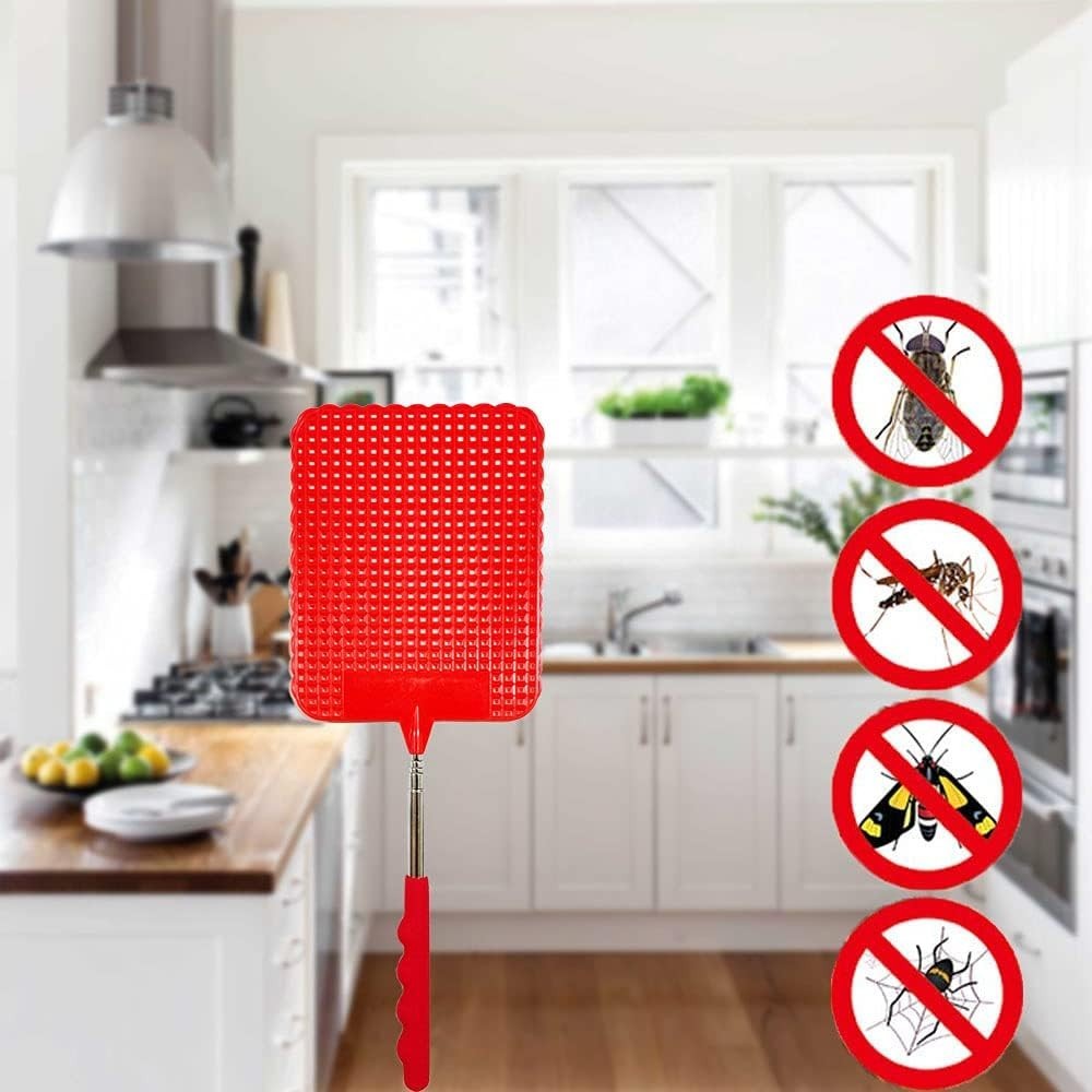 4-Pack Telescopic Fly Swatters – 29in, Heavy Duty, Steel Pole, 3 Assorted Colors