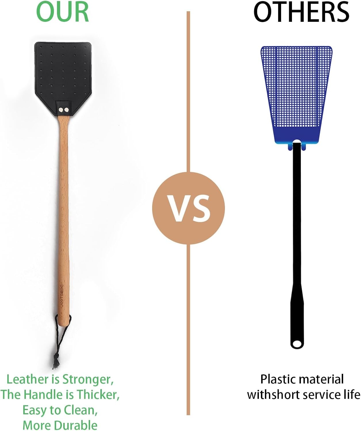 2 Pack Sturdy Leather Fly Swatter for Indoors – (19.7”)Long Handle Heavy Duty Wo