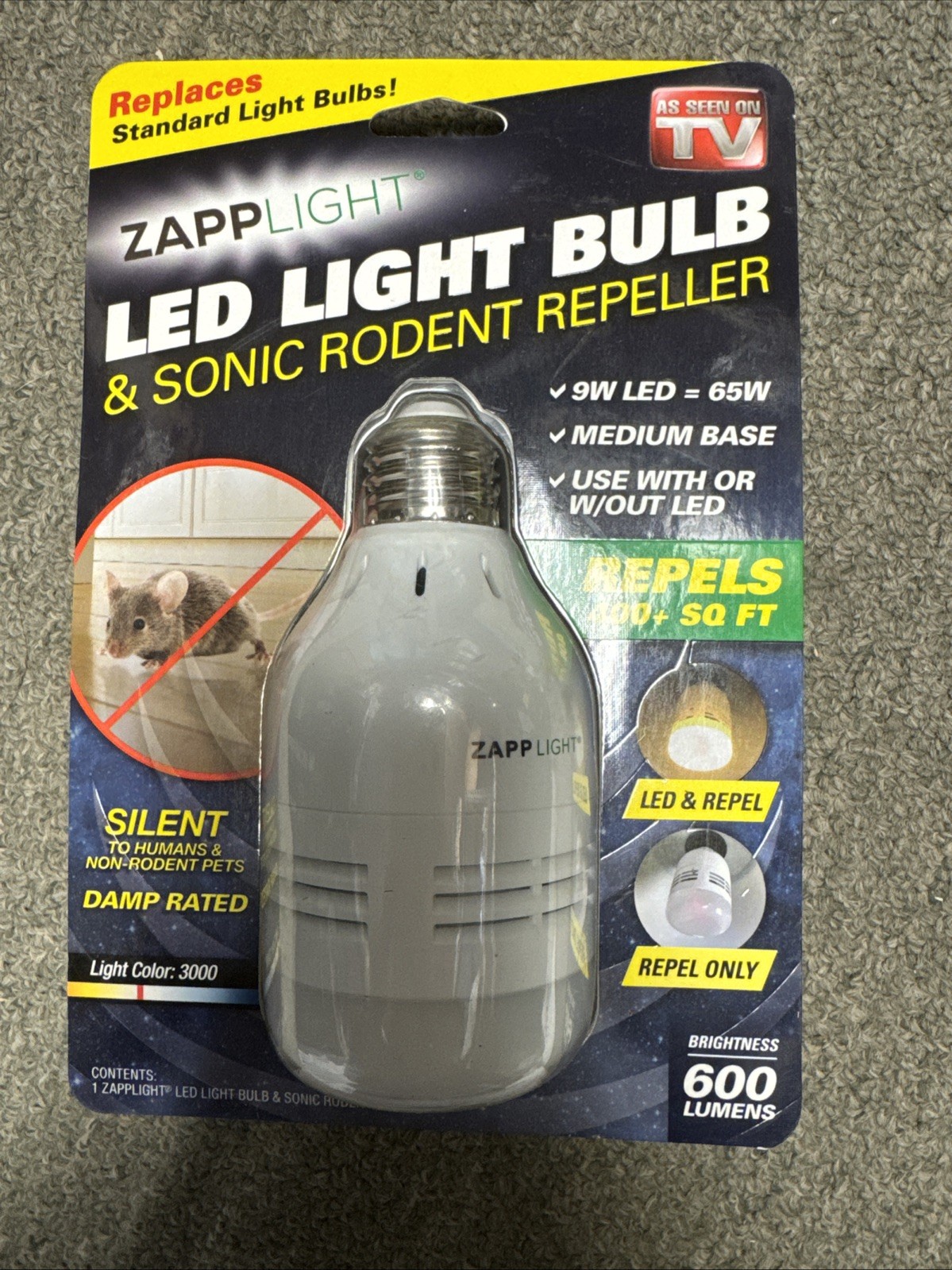 ZAPPLIGHT LED Light Bulb And Sonic Rodent Repeller 600 Lumens