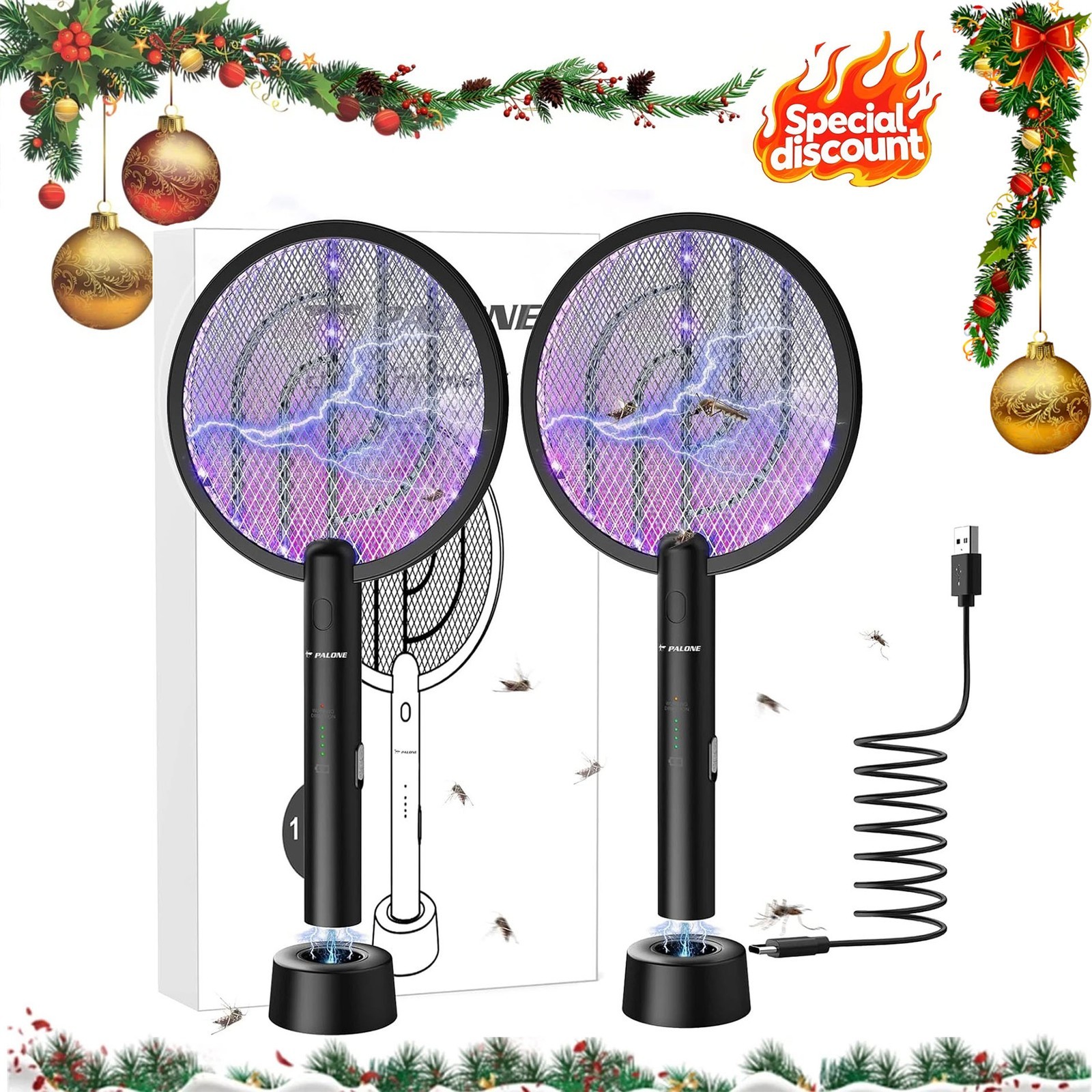 Electric Fly Swatter 4000V Bug Zapper Racket 2 in 1 Fly Swatter 1200mAh Battery