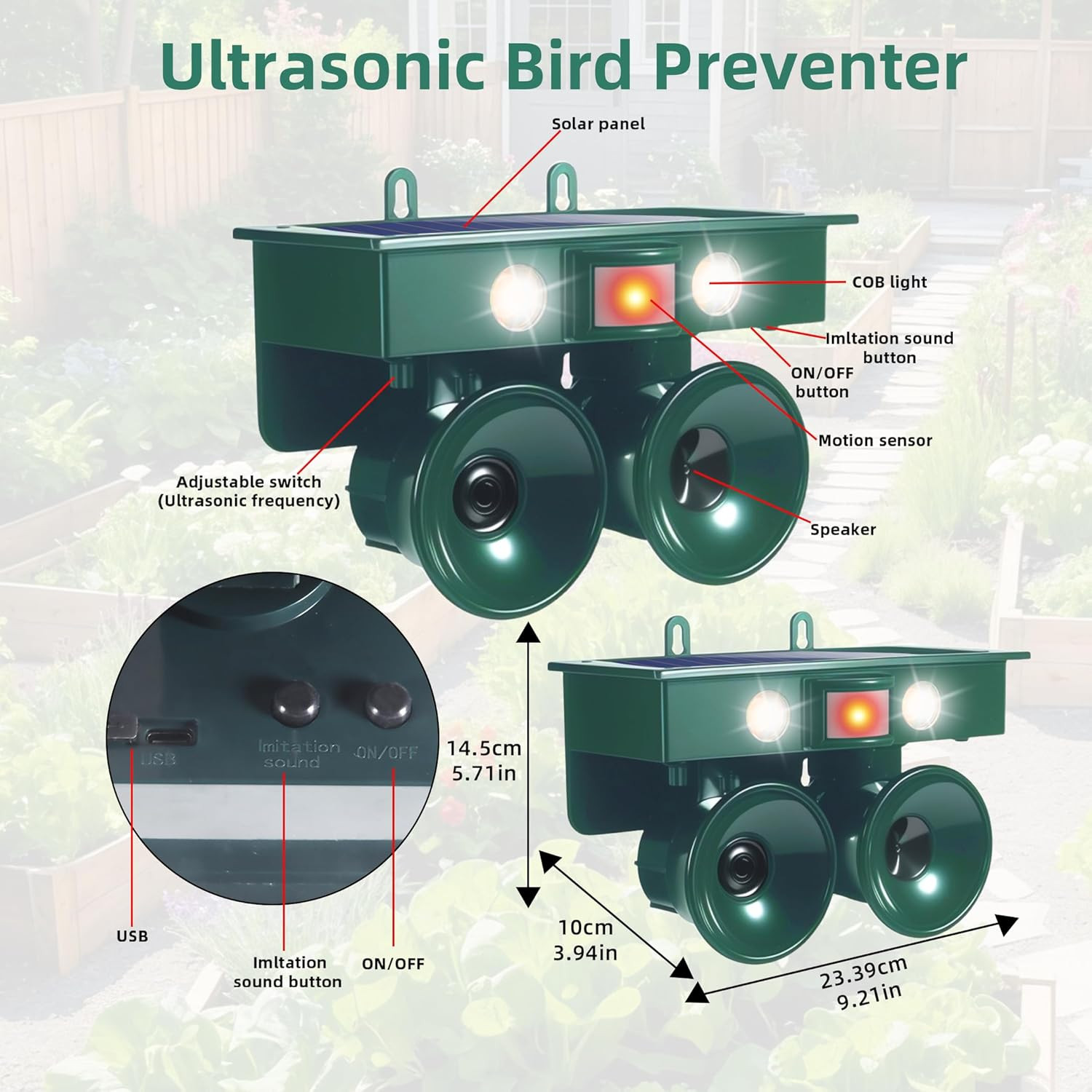 2026 New Ultrasonic Bird Repeller Solar Powered Outdoor Motion Activated Bird