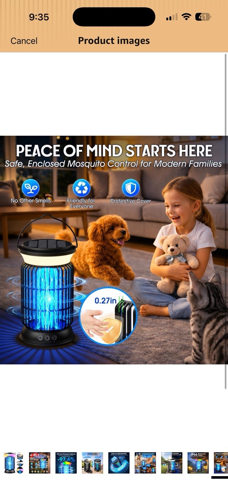 Solar + USB Bug Zapper Lantern, Waterproof, Indoor/Outdoor, Black