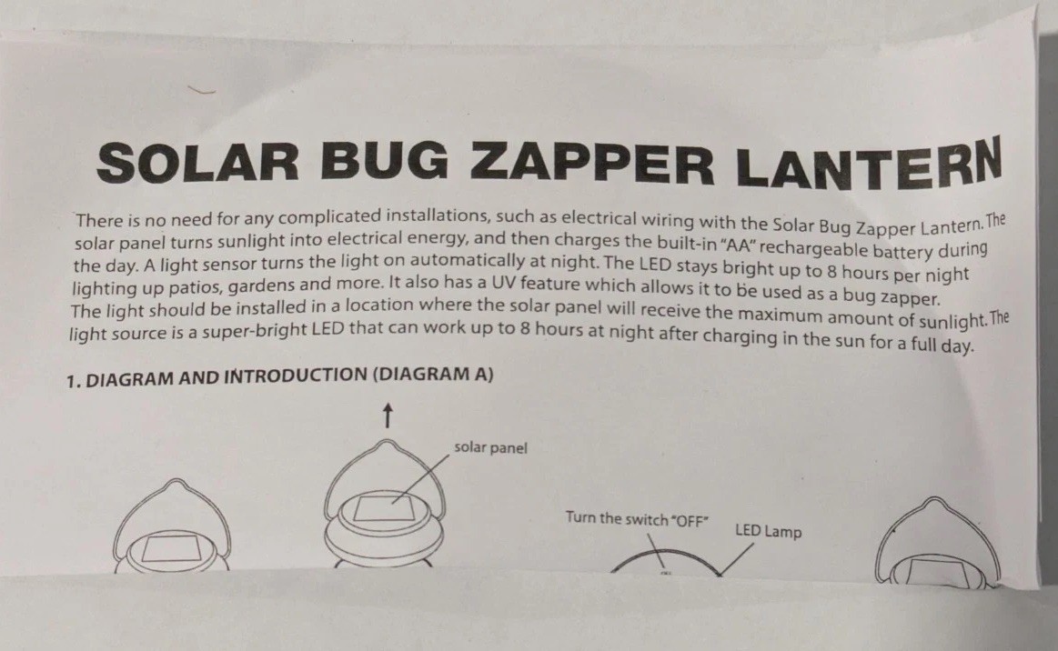 Total Vision Solar Bug Zapper Lantern – LED Outdoor Mosquito Killer UV Light NEW