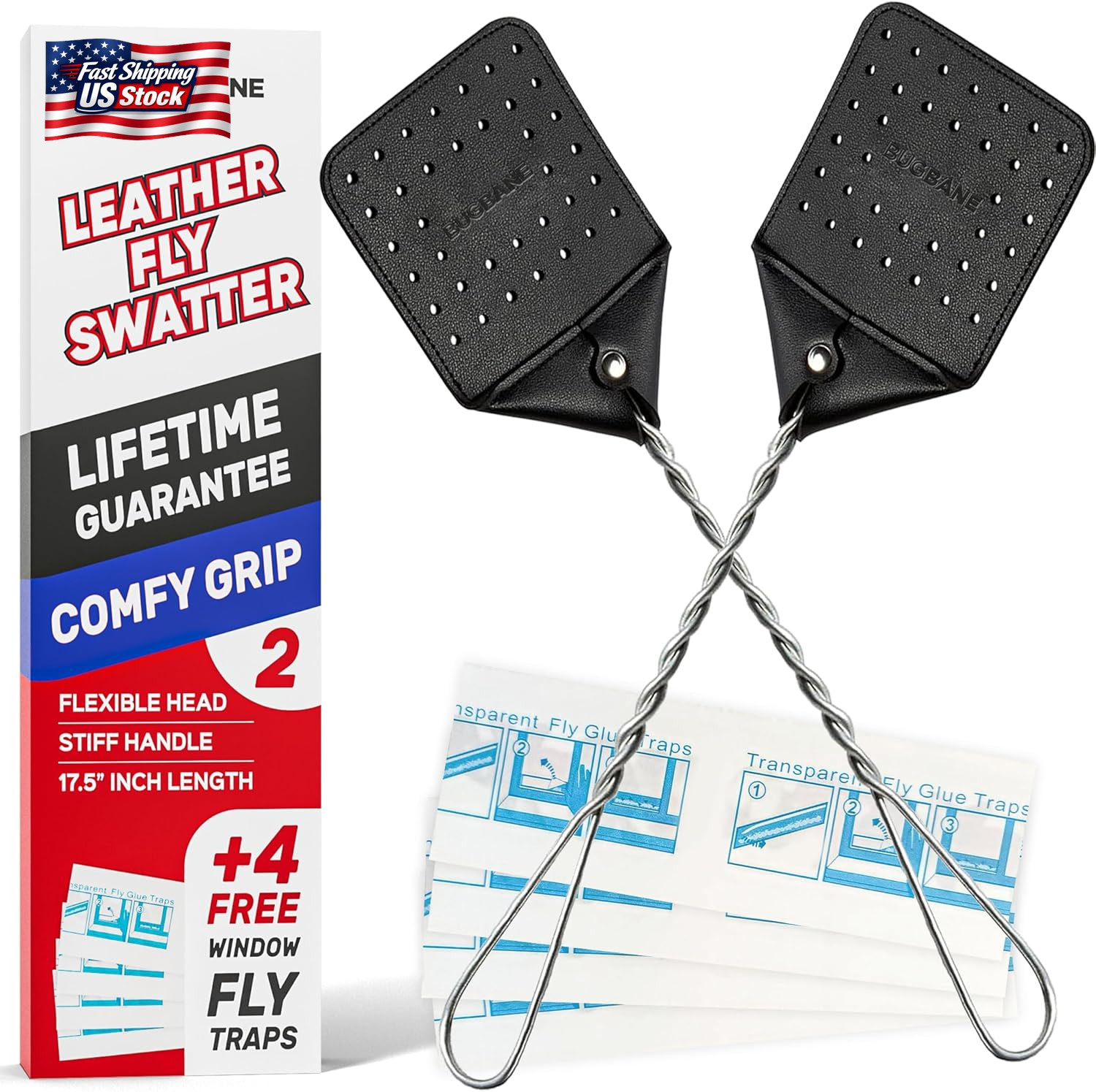 2 Leather Fly Swatter for Indoors. Long Handle, Heavy Duty Fly Swatter Manual Mu