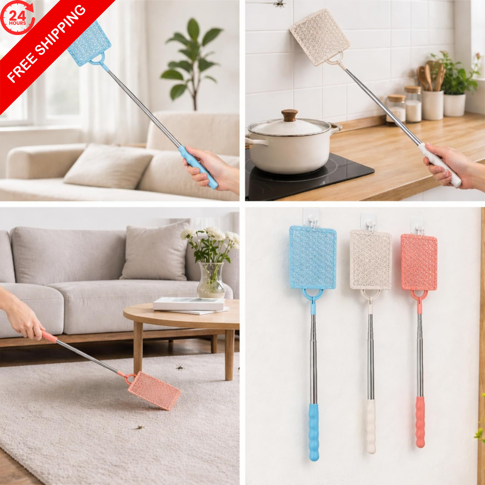 Boao 3 Pieces Fly Swatter Manual Retractable Detachable Assorted