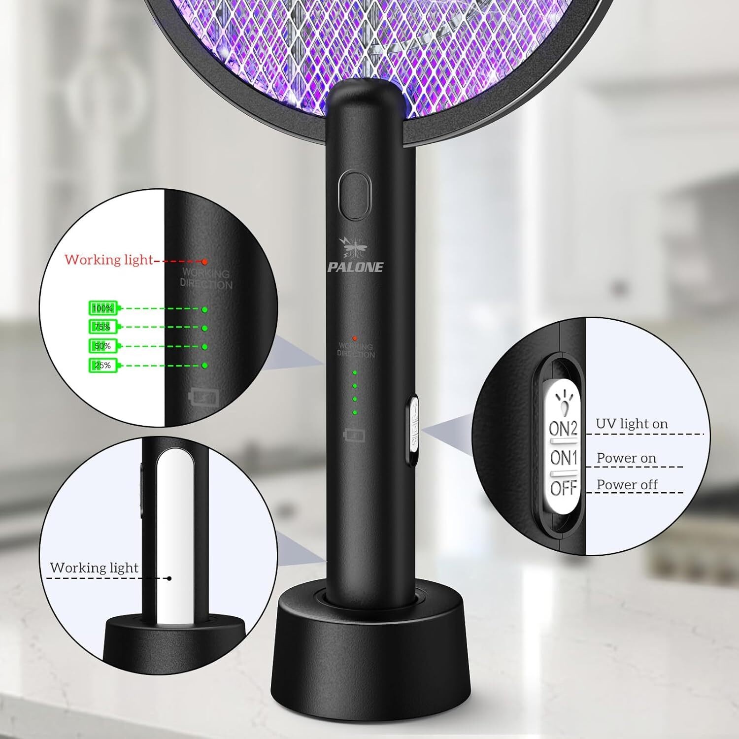 Electric Fly Swatter 4000V Bug Zapper Racket 2 in 1 Fly Swatter 1200mAh Battery
