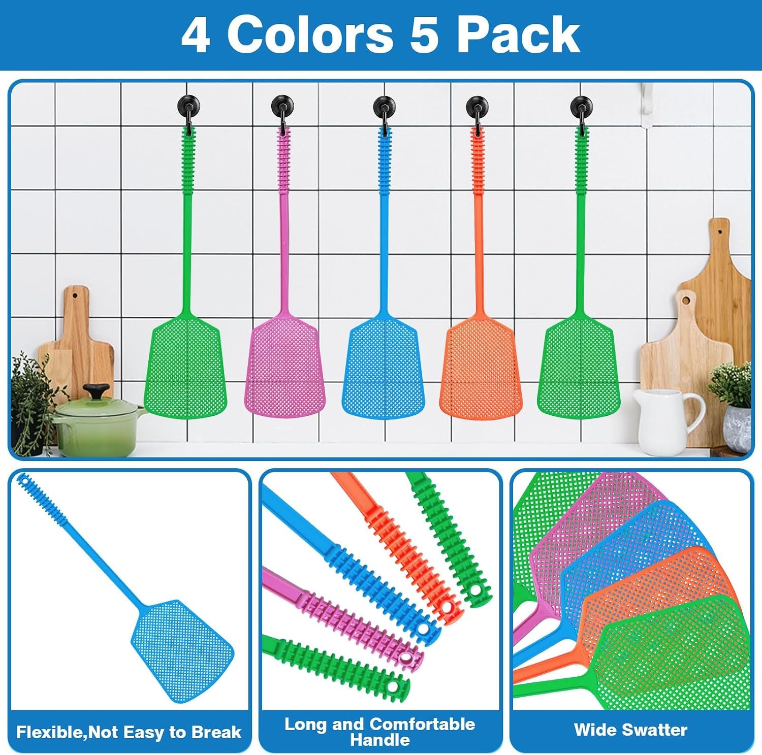 5 Pack Fly Swatter, Plastic Heavy Duty Manual Fly Killer, Long Handle