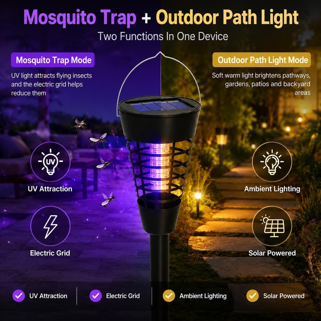 4 Pcs Solar Bug Zapper Waterproof Outdoor Mosquito Zapper Killer and Lighting Re