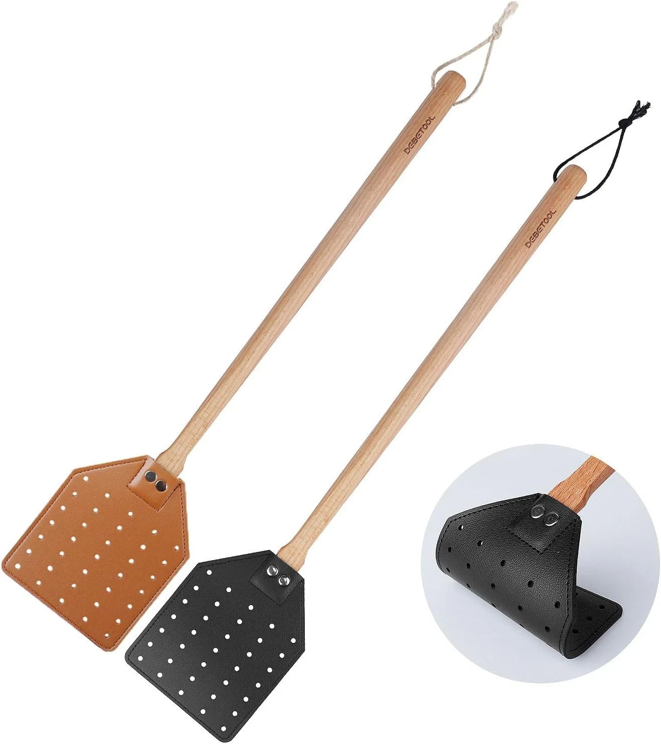 2 Pack Sturdy Leather Fly Swatter for Indoors – (19.7”)Long Handle Heavy Duty Wo