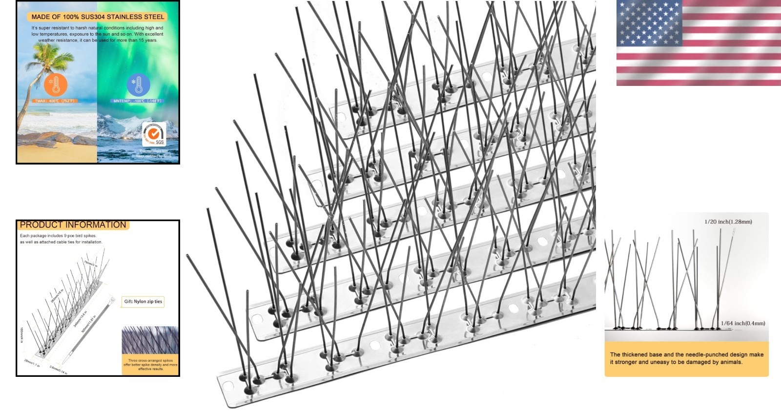 Modern Bird Spike Solutions – Durable Stainless Steel, 9 Piece Set for 10.2 Feet
