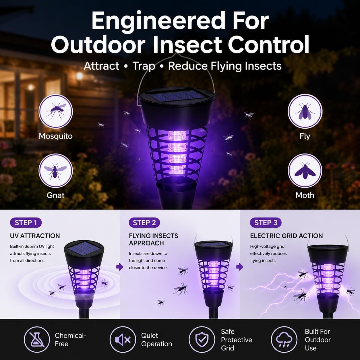 4 Pcs Solar Bug Zapper Waterproof Outdoor Mosquito Zapper Killer and Lighting Re