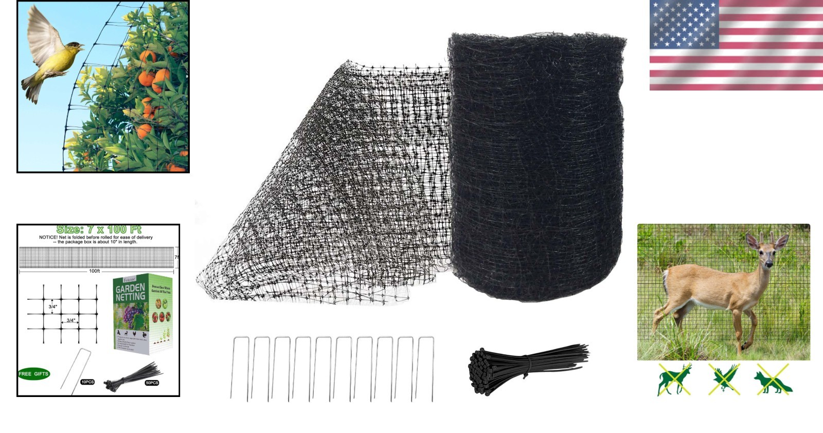 7 x 100 ft Polypropylene Deer & Bird Protection Netting for Gardens – Black