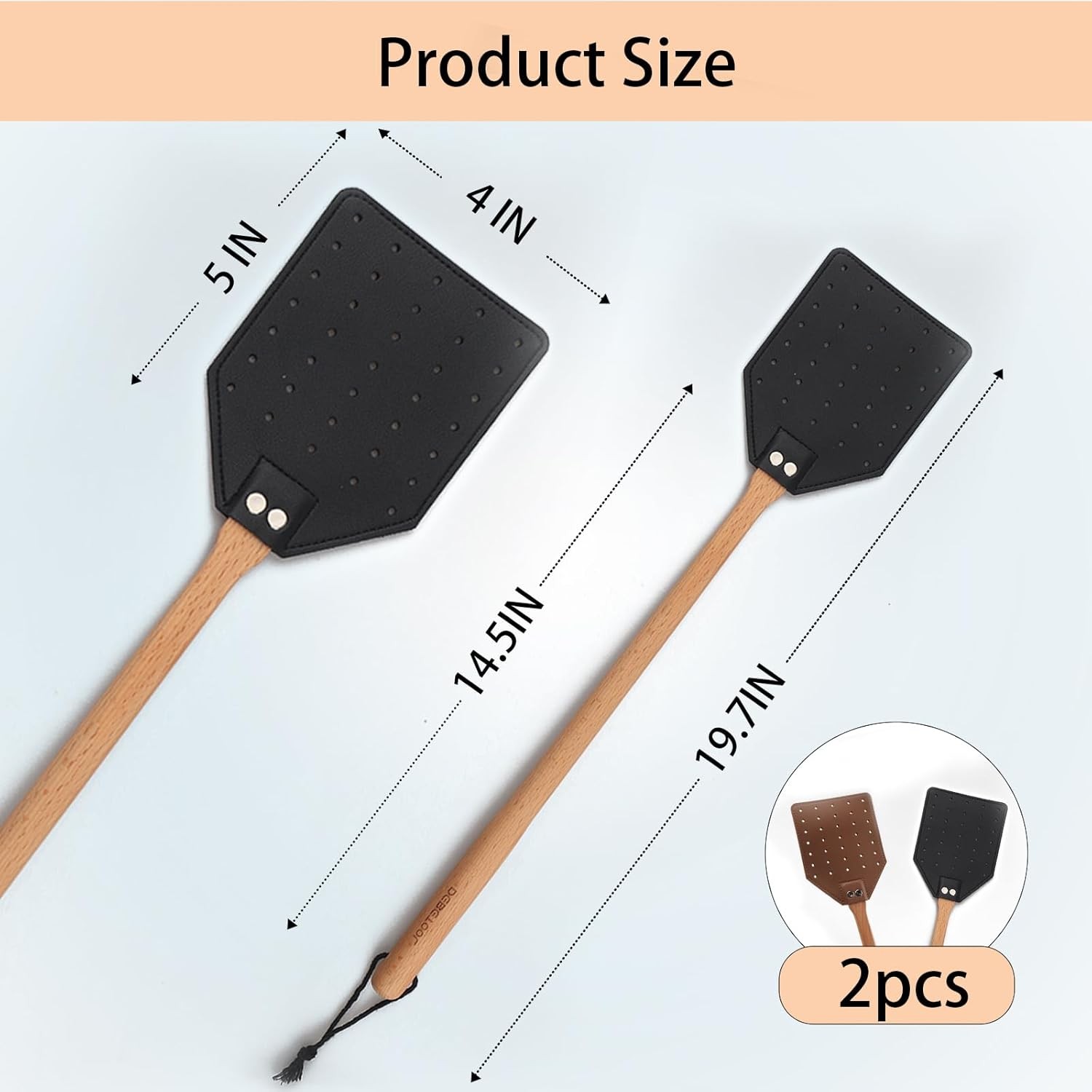 2 Pack Sturdy Leather Fly Swatter for Indoors – (19.7”)Long Handle Heavy Duty Wo